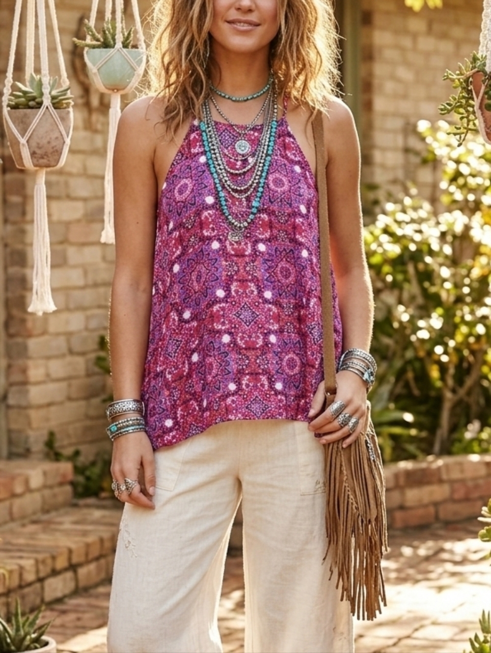 Boho Pink Paisley Halter Tank Top Flowy Hippie Festival Summer Small